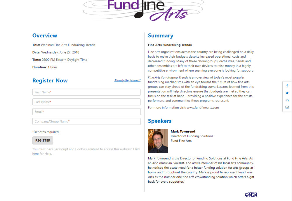 Fund Fine Arts webinar title and speaker bio